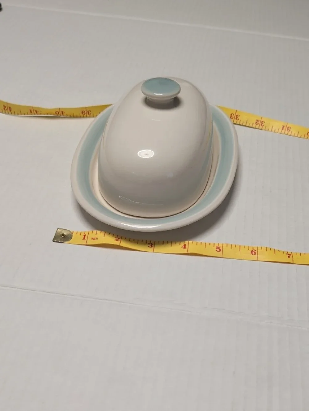 White Ceramic Butter Dish with Pale Blue Rim and Knob